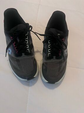 On Running Women's Black and Gray Athletic Running Shoes with Pink Accents